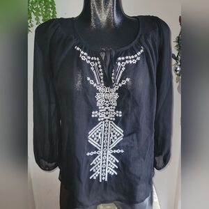 Mudd Sheer Black Long Sleeve Blouse with Embroidered Detailing Size L